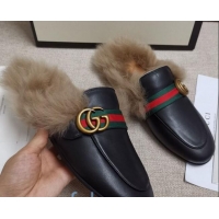 Charming Gucci Princetown Horsebit Web Calfskin Wool Slipper 81827 Black 2020