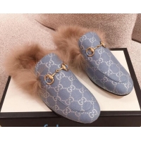 Stylish Gucci Princetown GG Silver Lamé Wool Slipper 00946 Light Blue 2020