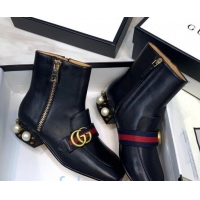 New Stylish Gucci Calfskin Zip Pearl Heel Short Boots with GG Web 00947 Black/Blue/Red 2020