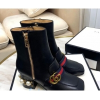 New Fashion Gucci Calfskin Zip Pearl Heel Short Boots with GG Web 00949 Black/Blue/Red 2020