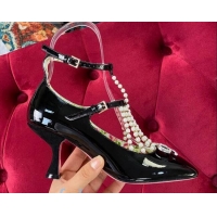 Best Quality Gucci Patent Leathe Mary Jane Pump/Ballerina with Pearl Tassel and Crystal Bow 91120 Black 2020 