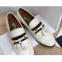 Charming Gucci Loafer with Web and Tassel 91139 White 2020