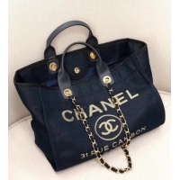 Discount Chanel Deauville Lurex Canvas Large Shopping Bag A93786 Navy Blue/Gold 2019