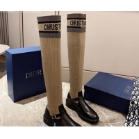 Good Quality Dior Oblique Knit Sock Knee-High Boots with Belt Buckle 91027 Beige/Black