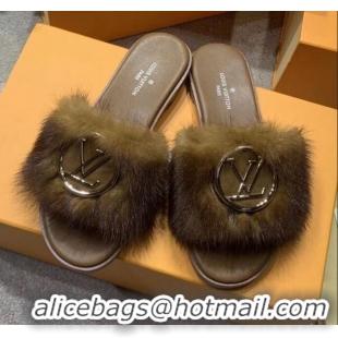 Feminine Louis Vuitton LV Mink Fur Flat Slide Sandals 72708 Brown 2020