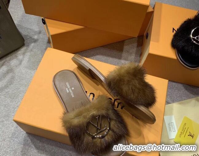 Feminine Louis Vuitton LV Mink Fur Flat Slide Sandals 72708 Brown 2020