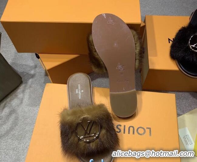 Feminine Louis Vuitton LV Mink Fur Flat Slide Sandals 72708 Brown 2020