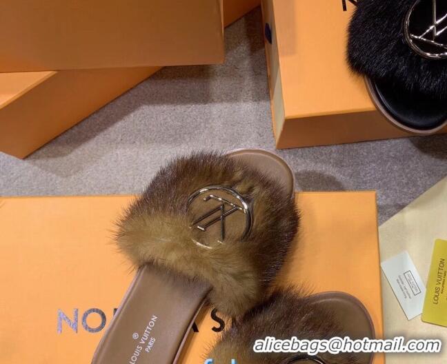 Feminine Louis Vuitton LV Mink Fur Flat Slide Sandals 72708 Brown 2020