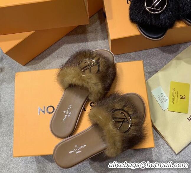 Feminine Louis Vuitton LV Mink Fur Flat Slide Sandals 72708 Brown 2020