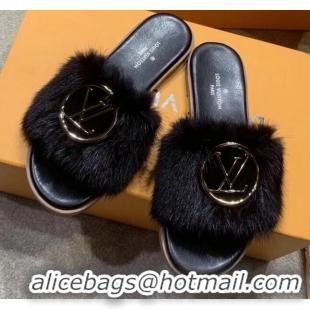 Fashion Louis Vuitton LV Mink Fur Flat Slide Sandals 72708 Black 2020