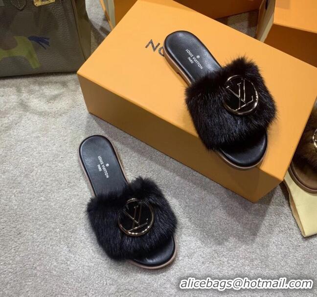 Fashion Louis Vuitton LV Mink Fur Flat Slide Sandals 72708 Black 2020