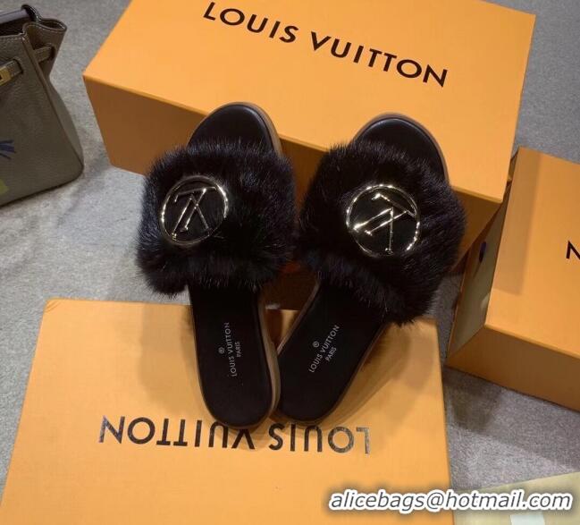 Fashion Louis Vuitton LV Mink Fur Flat Slide Sandals 72708 Black 2020