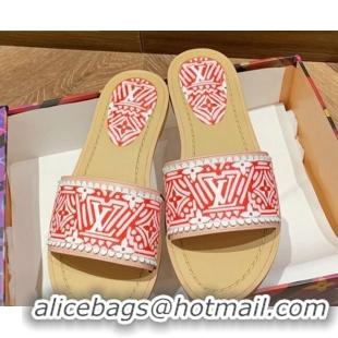 Shop Cheap Louis Vuitton Crafty Lock It Flat Slide Sandals Red/White 80730