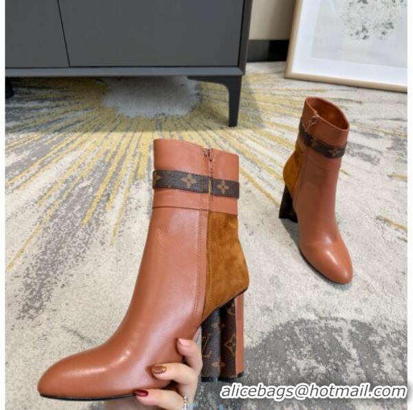 Most Popular Louis Vuitton Calfskin High Heel Ankle Boots with Monogram Canvas Belt 81734 Brown 2020