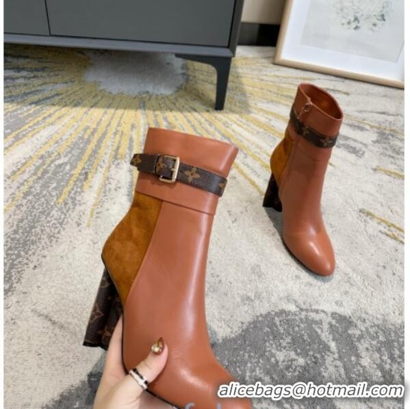 Most Popular Louis Vuitton Calfskin High Heel Ankle Boots with Monogram Canvas Belt 81734 Brown 2020