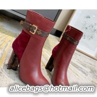 Grade Quality Louis Vuitton Calfskin High Heel Ankle Boots with Monogram Canvas Belt 81734 Burgundy 2020