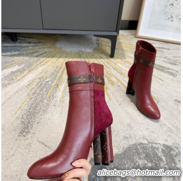 Grade Quality Louis Vuitton Calfskin High Heel Ankle Boots with Monogram Canvas Belt 81734 Burgundy 2020