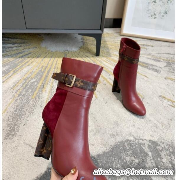 Grade Quality Louis Vuitton Calfskin High Heel Ankle Boots with Monogram Canvas Belt 81734 Burgundy 2020