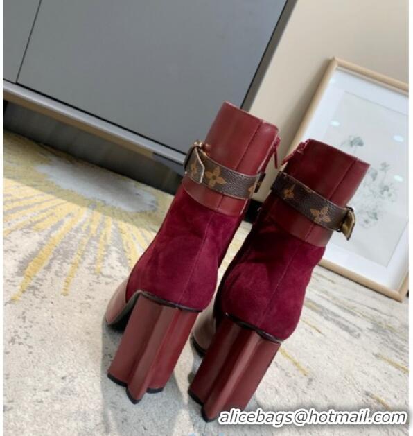 Grade Quality Louis Vuitton Calfskin High Heel Ankle Boots with Monogram Canvas Belt 81734 Burgundy 2020