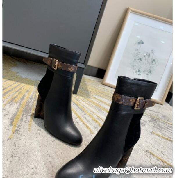 Good Looking Louis Vuitton Calfskin High Heel Ankle Boots with Monogram Canvas Belt Black 81736