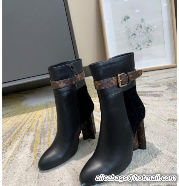 Good Looking Louis Vuitton Calfskin High Heel Ankle Boots with Monogram Canvas Belt Black 81736