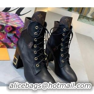 Discount Louis Vuitton Bliss Lace-up Ankle Boots with LV Band Heel Black/Monogram Canvas 83129