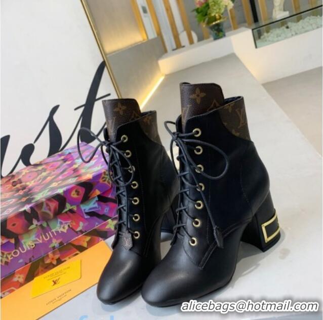 Discount Louis Vuitton Bliss Lace-up Ankle Boots with LV Band Heel Black/Monogram Canvas 83129