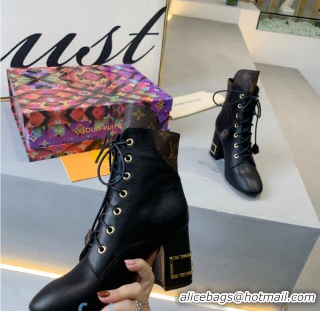 Discount Louis Vuitton Bliss Lace-up Ankle Boots with LV Band Heel Black/Monogram Canvas 83129