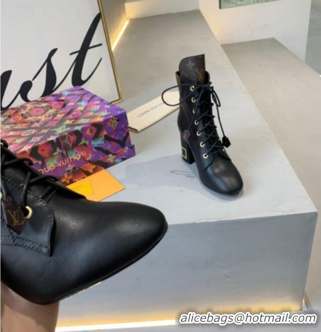 Discount Louis Vuitton Bliss Lace-up Ankle Boots with LV Band Heel Black/Monogram Canvas 83129