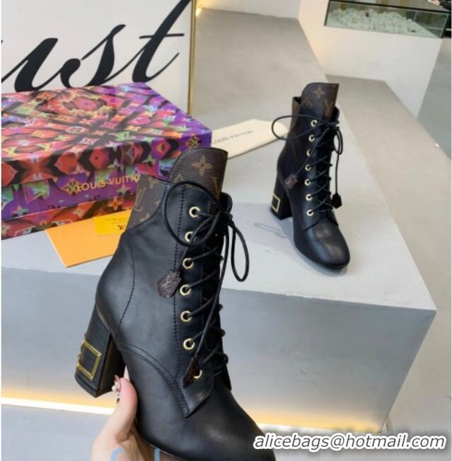 Discount Louis Vuitton Bliss Lace-up Ankle Boots with LV Band Heel Black/Monogram Canvas 83129