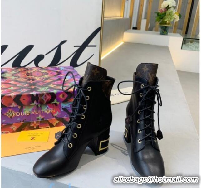 Discount Louis Vuitton Bliss Lace-up Ankle Boots with LV Band Heel Black/Monogram Canvas 83129