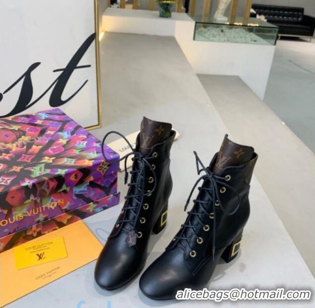 Discount Louis Vuitton Bliss Lace-up Ankle Boots with LV Band Heel Black/Monogram Canvas 83129