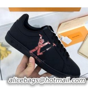 Duplicate Louis Vuitton Luxembourg Printed LV Sneakers in Silky Calfskin Black/Pink 83136