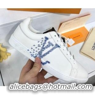 Cheap Price Louis Vuitton Luxembourg Printed LV Sneakers in Silky Calfskin 83136 White/Blue