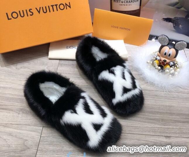 Unique Style Louis Vuitton LV Mink Fur and Wool Homey Flats Loafers 80923 Black/White 2020