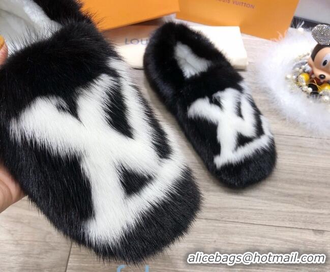 Unique Style Louis Vuitton LV Mink Fur and Wool Homey Flats Loafers 80923 Black/White 2020