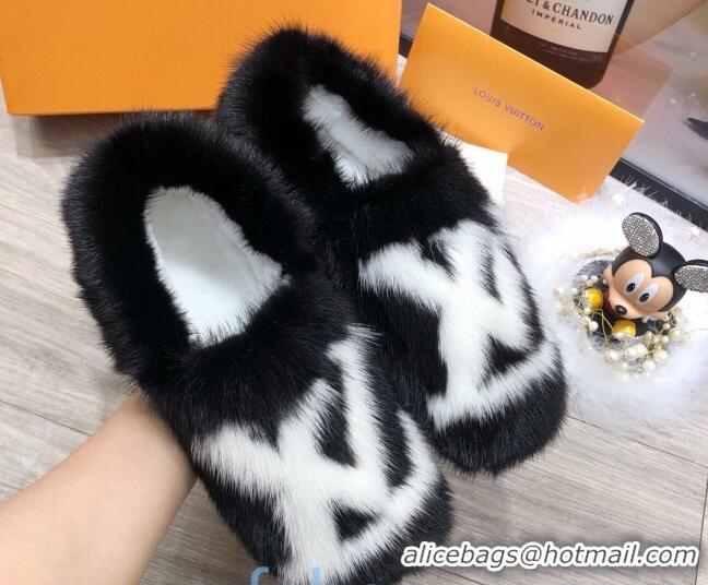 Unique Style Louis Vuitton LV Mink Fur and Wool Homey Flats Loafers 80923 Black/White 2020