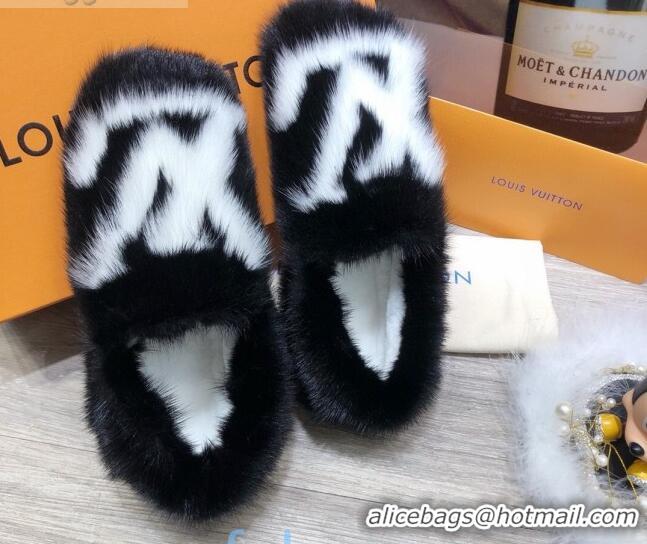 Unique Style Louis Vuitton LV Mink Fur and Wool Homey Flats Loafers 80923 Black/White 2020