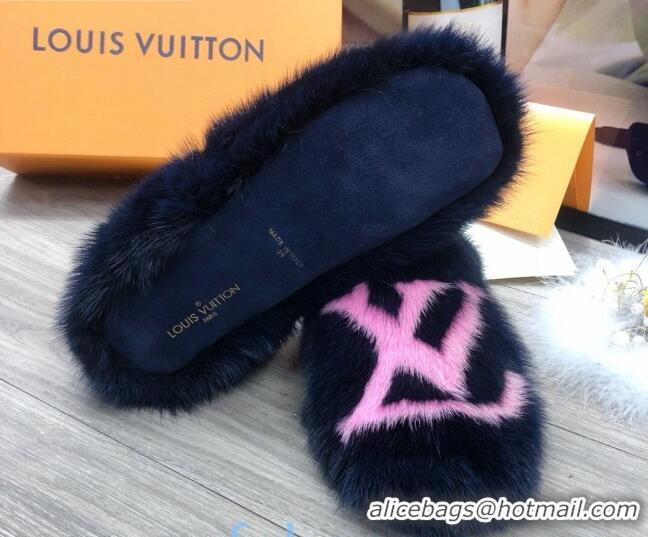 Good Product Louis Vuitton LV Mink Fur and Wool Homey Flats Loafers 80923 Blue/Pink 2020