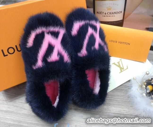 Good Product Louis Vuitton LV Mink Fur and Wool Homey Flats Loafers 80923 Blue/Pink 2020