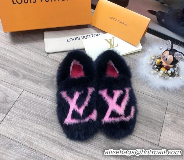 Good Product Louis Vuitton LV Mink Fur and Wool Homey Flats Loafers 80923 Blue/Pink 2020