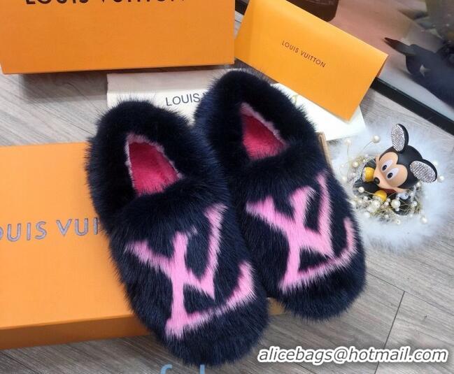 Good Product Louis Vuitton LV Mink Fur and Wool Homey Flats Loafers 80923 Blue/Pink 2020