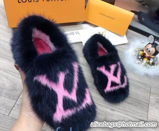 Good Product Louis Vuitton LV Mink Fur and Wool Homey Flats Loafers 80923 Blue/Pink 2020