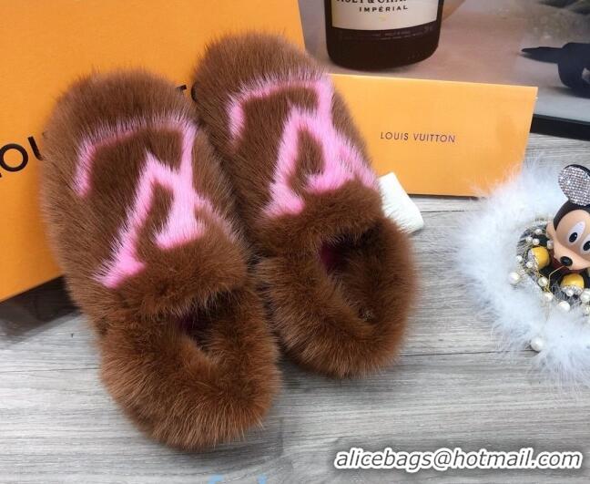 Most Popular Louis Vuitton LV Mink Fur and Wool Homey Flats Loafers 80923 Brown/Pink 2020