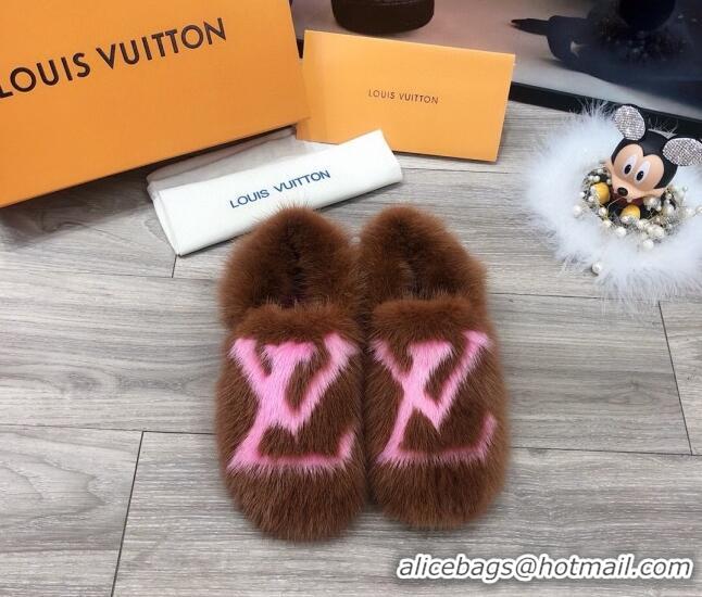 Most Popular Louis Vuitton LV Mink Fur and Wool Homey Flats Loafers 80923 Brown/Pink 2020