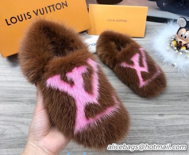 Most Popular Louis Vuitton LV Mink Fur and Wool Homey Flats Loafers 80923 Brown/Pink 2020