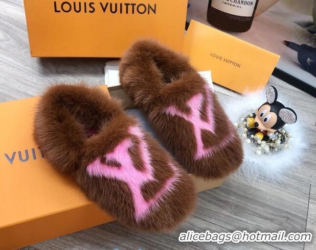 Most Popular Louis Vuitton LV Mink Fur and Wool Homey Flats Loafers 80923 Brown/Pink 2020