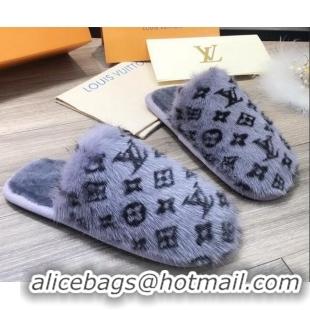 Best Product Louis Vuitton Monogram Mink Fur and Wool Homey Flats Mules 20926 Blue 2020