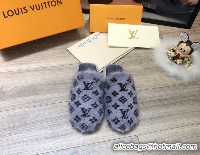 Best Product Louis Vuitton Monogram Mink Fur and Wool Homey Flats Mules 20926 Blue 2020