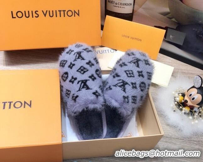 Best Product Louis Vuitton Monogram Mink Fur and Wool Homey Flats Mules 20926 Blue 2020